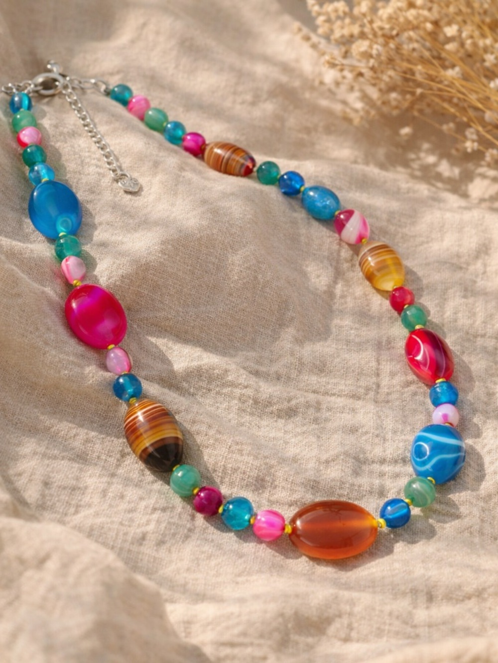 Colorful Beaded Necklace Boho Chunky Statement Mixed Stone 925 Clasp